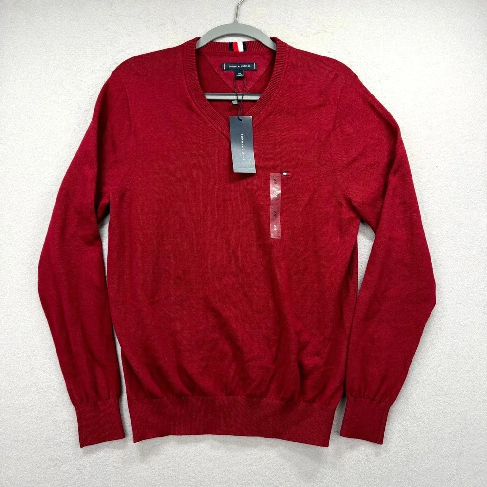 Tommy Hilfiger Sweater Mens Small Red‎ Iconic Flag Logo Ribbed Cuffed Hem V-Neck
